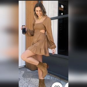 12th Tribe Jolene Dress Brown Women’s Size XL New Long Sleeve Boho cut-out dress